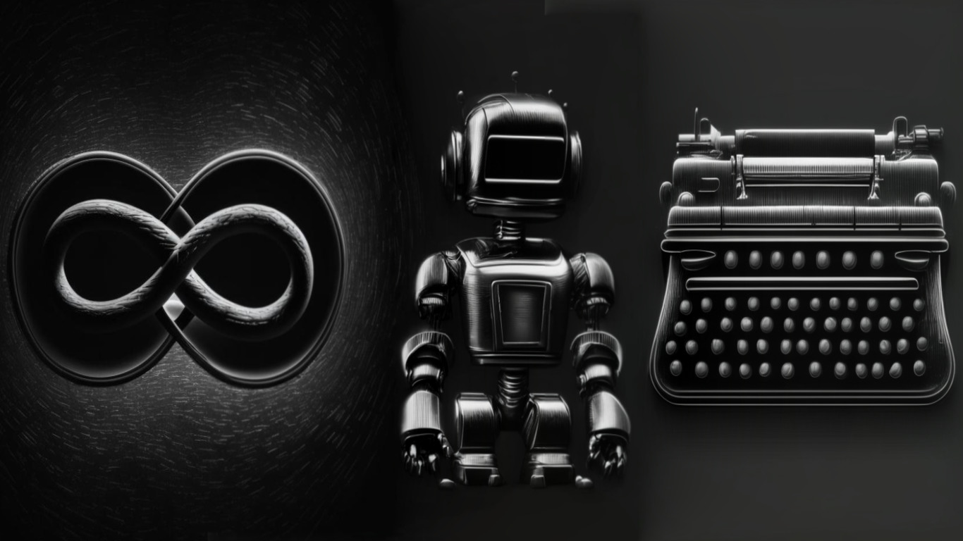 Промт: Значок бесконечности, робот и печатная машинка на чёрном фоне - Kandinsky 2.1