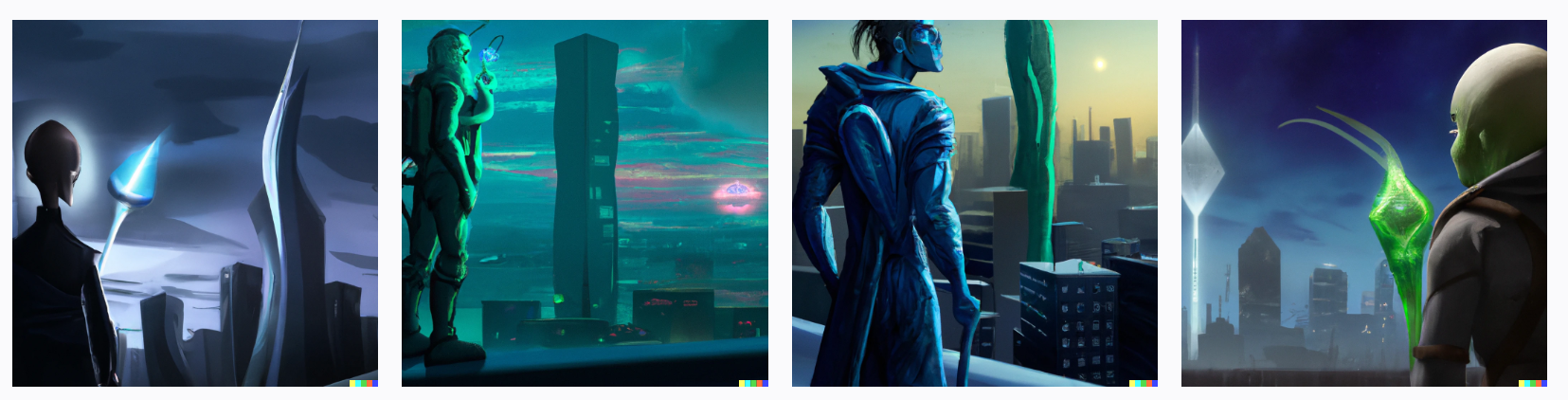  Meklon with a plasma baton looks at the horizon, behind him is a massive futuristic building, digital art.