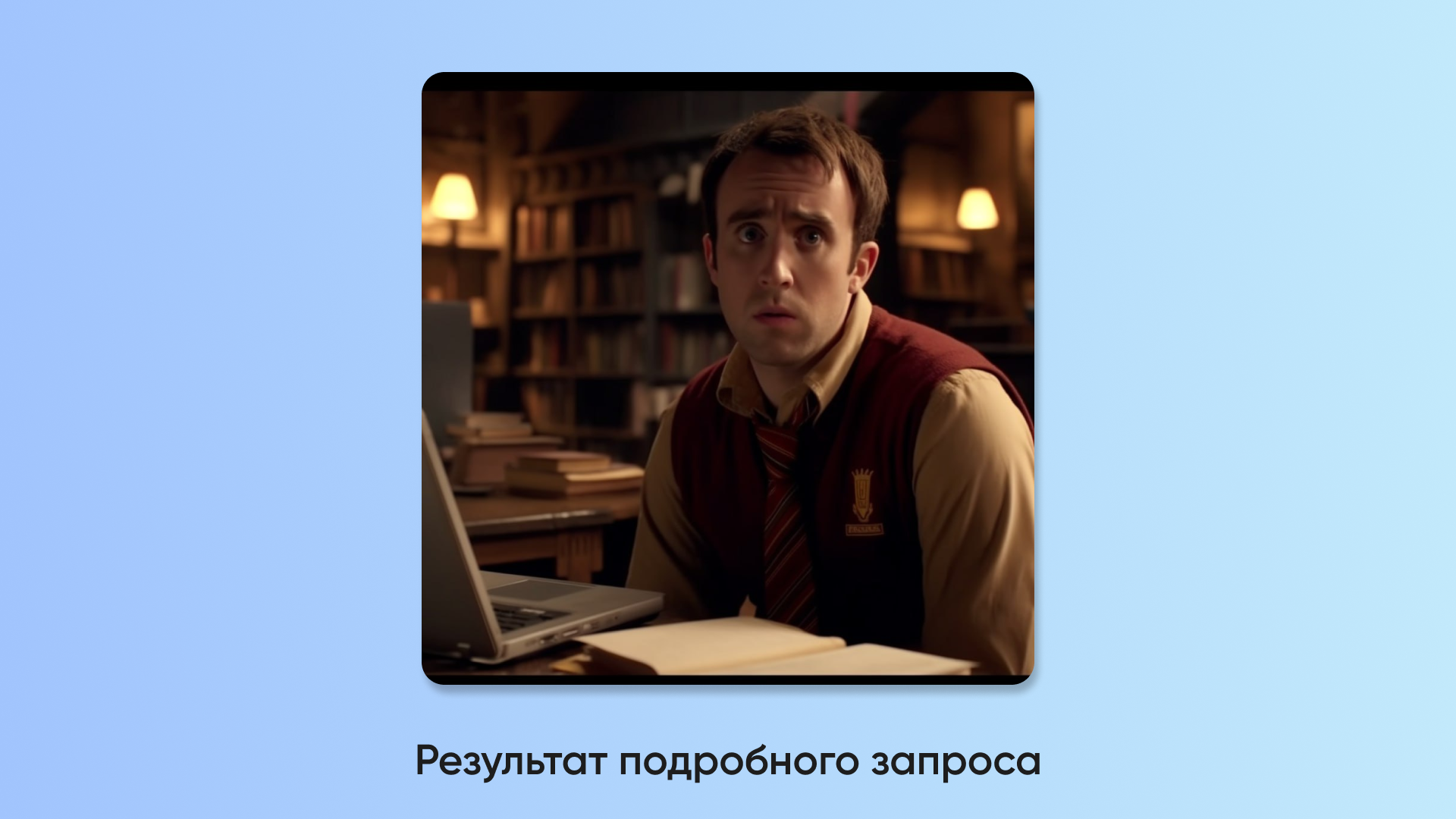 (Hogwarts student Neville Longbottom in Griffindor uniform, sitting in Hogwarts library with book shelf on background, looking at laptop on the table, confused face, realistic lightning) — Невилл Долгопупс здорового человека