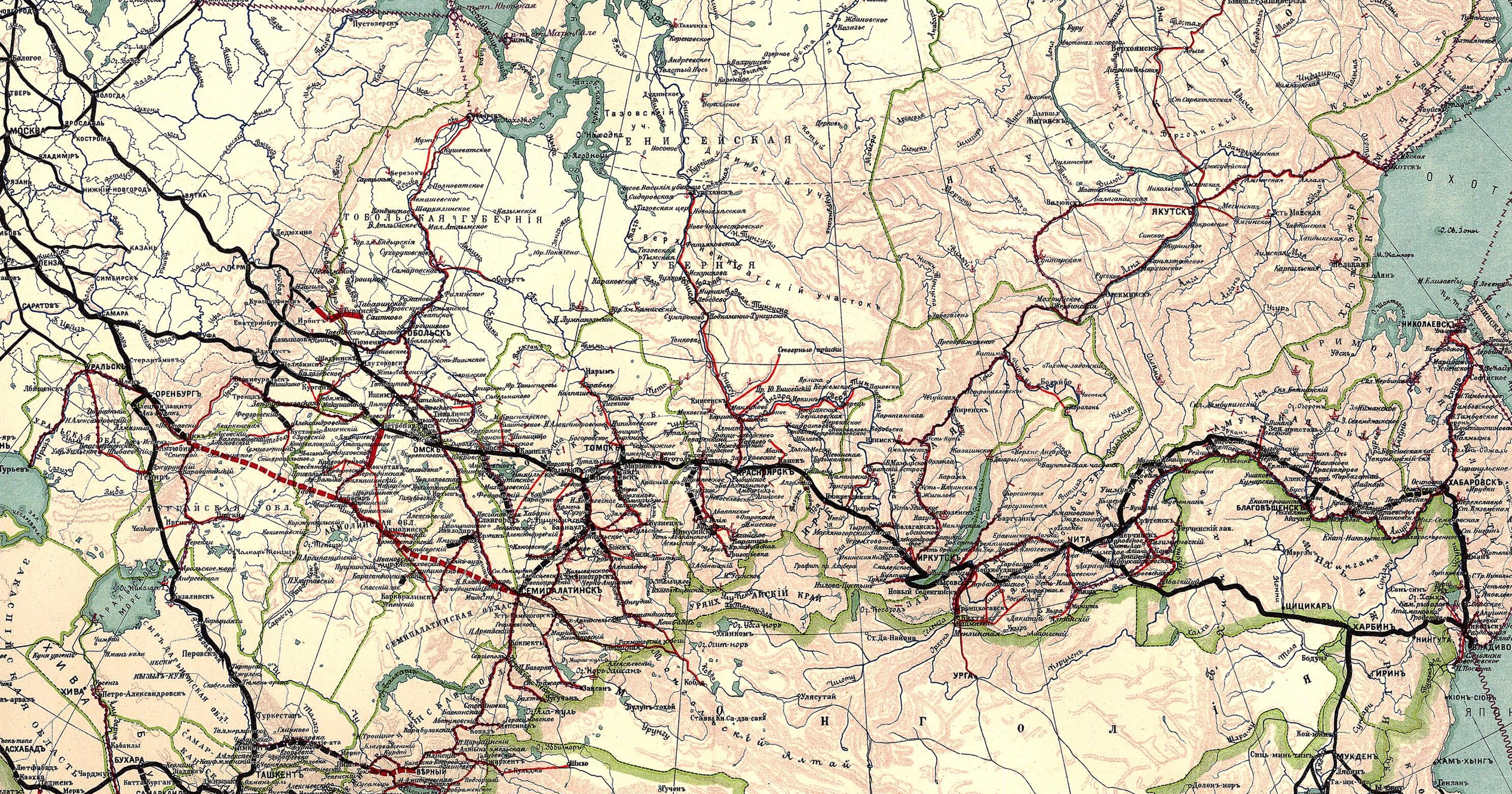 Карта железных дорог Российской Империи. Чёрным цветом показаны существующие на момент повествования. (ссылка на карту в высоком разрешении: )