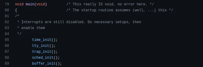 Функция main ядра Linux v0.01, скриншот автора