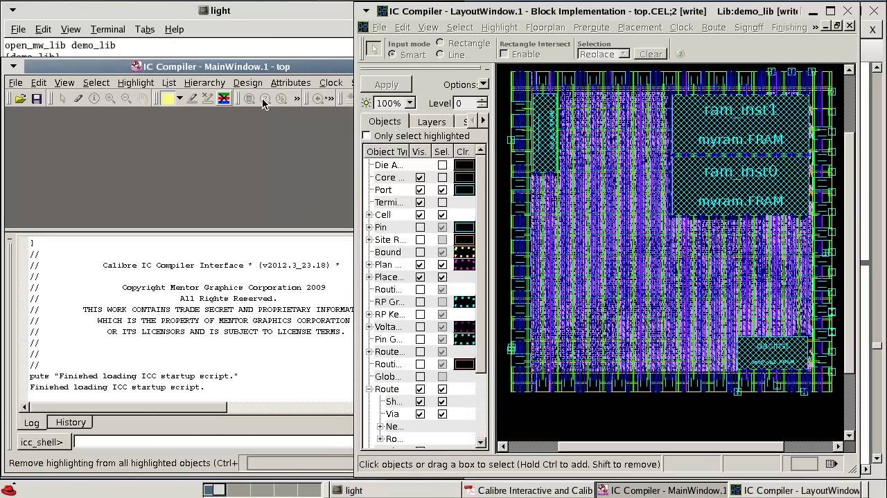 Скриншот программы физического синтеза Synopsys IC Compiler.