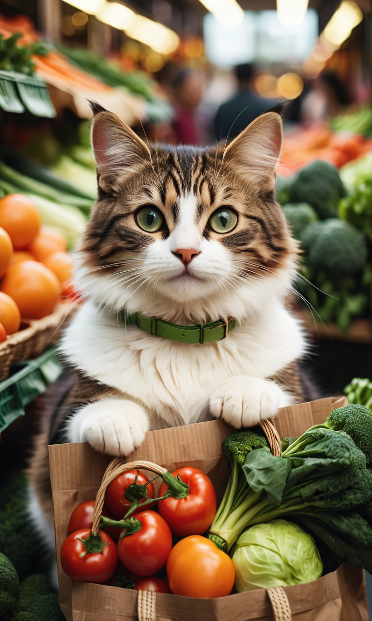 Cinematic still of cat holding shopping bag full of vegetables with paws, shopping with smile in a market