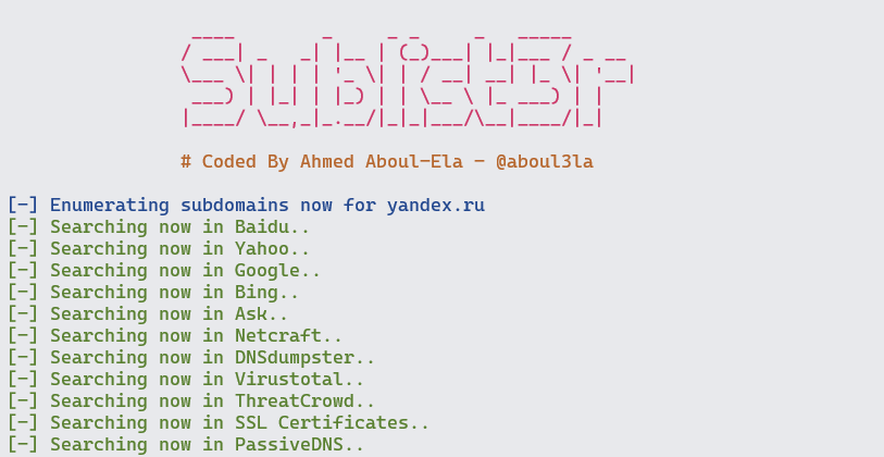 Запуск утилиты sublister для поиска поддоменов для доменного имени yandex.ru