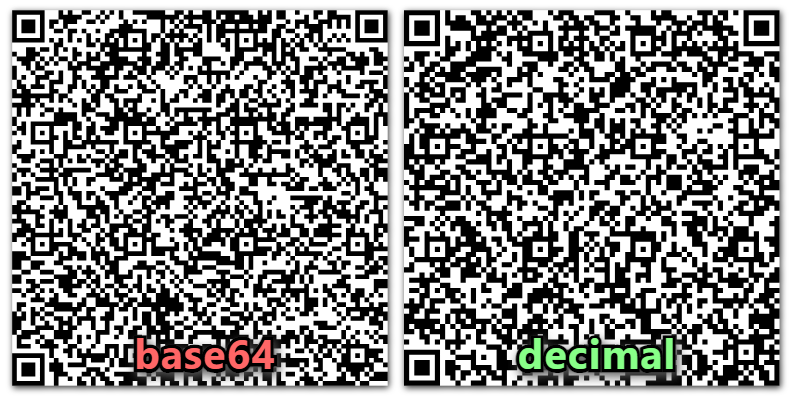 Два QR-кода, которые кодируют одни и те же данные: левый, использующий base64, немного плотнее, чем правый, использующий десятичную систему (сравните участки в вверху по центру). Большие модули (маленькие квадраты) десятичного QR-кода облегчают сканирование.