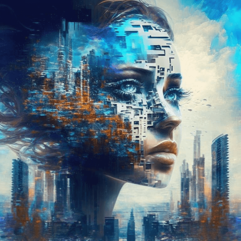 @DeemChan: Искусственный интеллект в виде абстрактной цифровой маски красивой девушки  из компьютерного облака над городом будущего