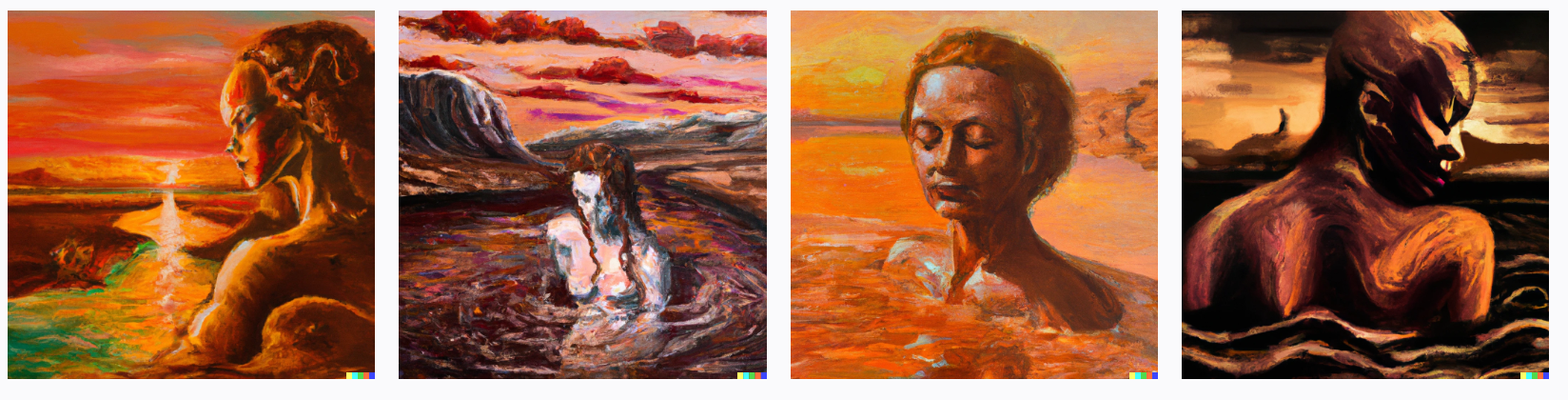 beatiful woman with a large bust bathes in the Martian river at sunset, oil painting, digital art