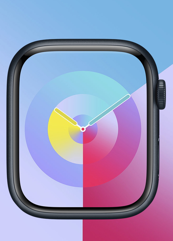 Циферблат «Палитра» отображает время в виде трех перекрывающихся слоев разных цветов, которые смещаются с течением времени.