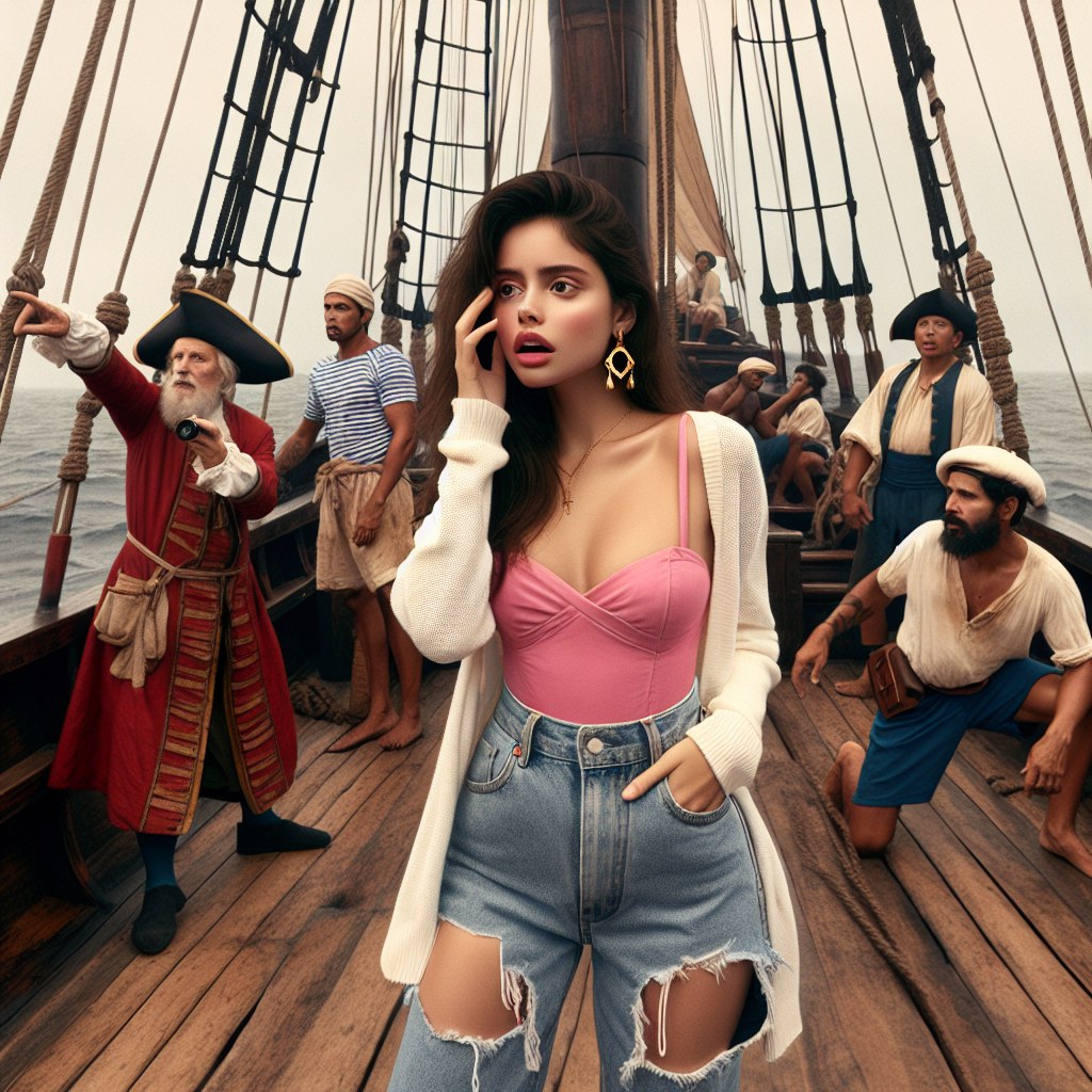 Промпт: Современная девушка оказывается на корабле с Колумбом, во времена открытия Америки