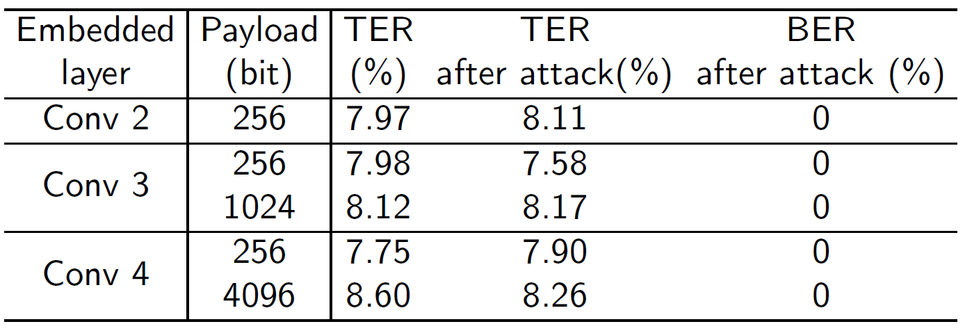 Таблица 2. TER и BER после fine-tuning. Результаты были получены путем дообучения подписанной DNN на том же датасете CIFAR-10 в течение 20 эпох.