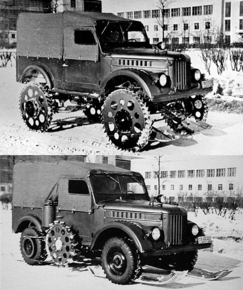 Так появился засекреченный вездеход на базе ГАЗ 69 со специальными снегоходными движителями фрезерного типа, и упрощенный вариант с навесными выдвижными фрезами.
