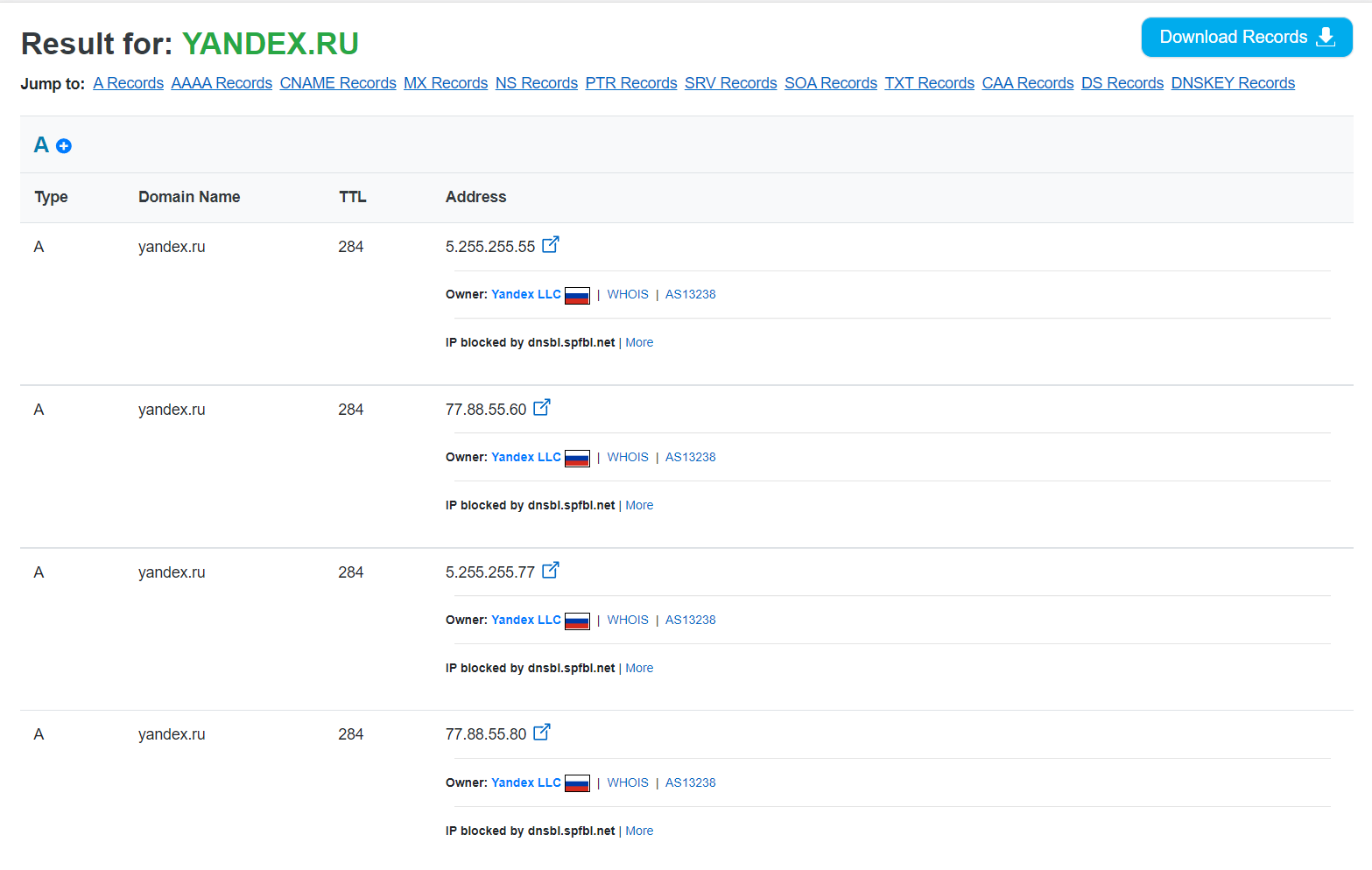 dnschecker.org — резолвинг доменного имени yandex.ru