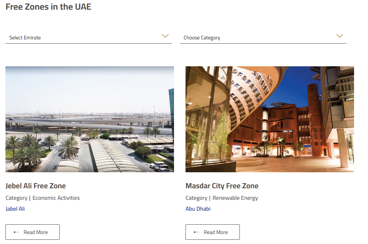 Раздел Freezonam на веб-сайте Министерства экономики Объединенных Арабских Эмиратов
