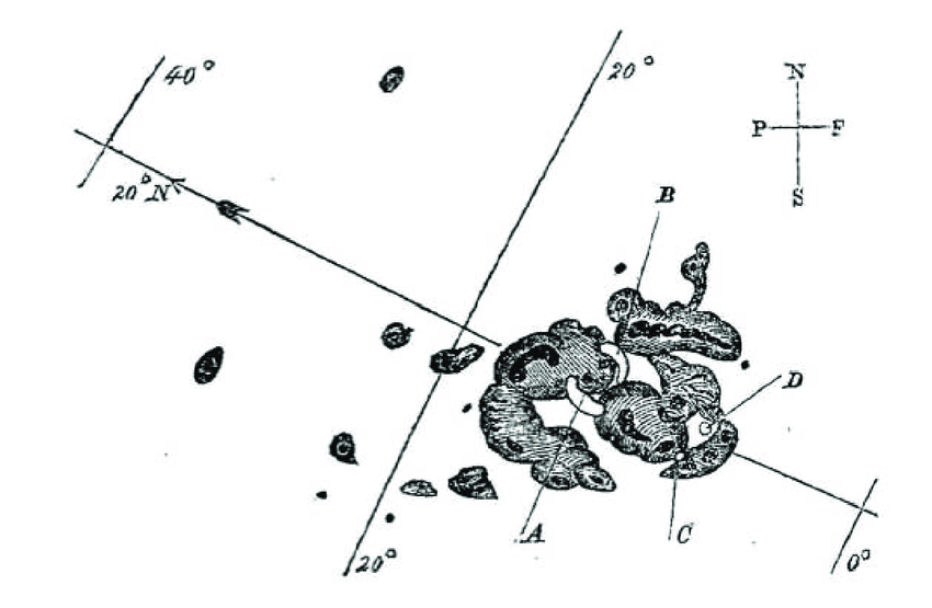 Солнечные пятна 1 сентября 1859 года, сделанные Кэррингтоном в отчете. A и B отмечают начальные позиции очень яркого события, которое в течение пяти минут переместилось в C и D, прежде чем исчезнуть. 