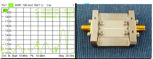 Рис. 12. Разъём SMA-KFD84 с микрополосковой линией передачи длиной 26мм (Rogers RO4003C 0,508мм) и частотная зависимость КСВ 