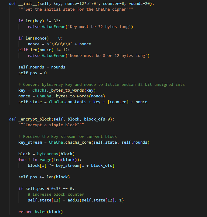 Рис. 2. Фрагмент кода на Python, реализующий алгоритм ChaCha20