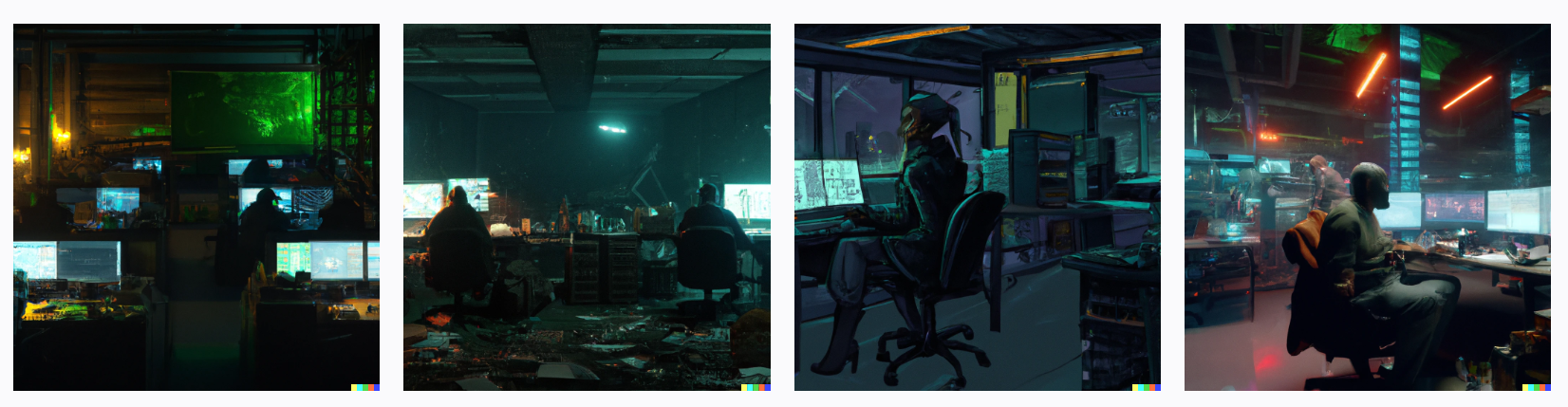 night shift of old programmers work in large open-office post nuclear post apocalyptic cyberpunk, digital art