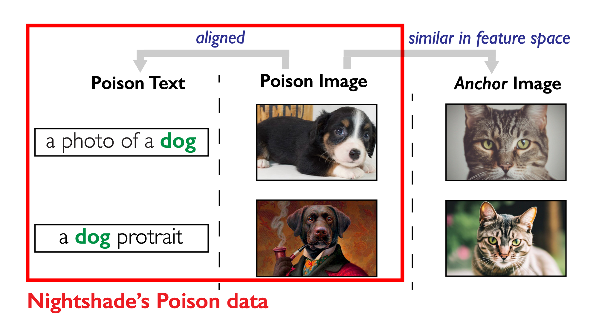 Пример иллюстрирует, как Nightshade отравляет концепт «собака», используя «кошка». Опорные изображения (справа) создаются путем многократного запроса «фото кошки» в SD-XL. Ядовитые изображения (посередине) представляют собой измененные версии естественных снимков «собак", которые похожи на опорные изображения по представлению характеристик.