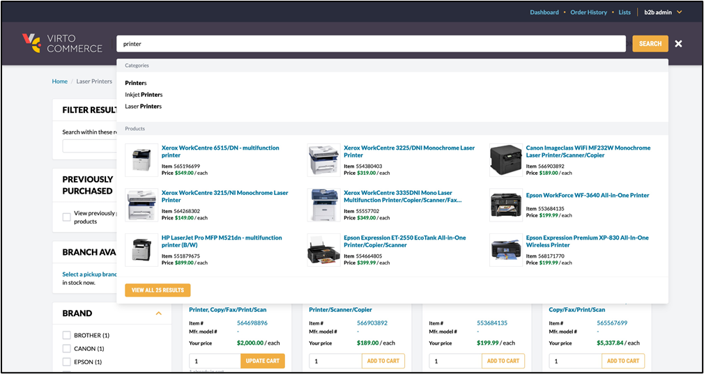 Search filtering page example in B2B ecommerce