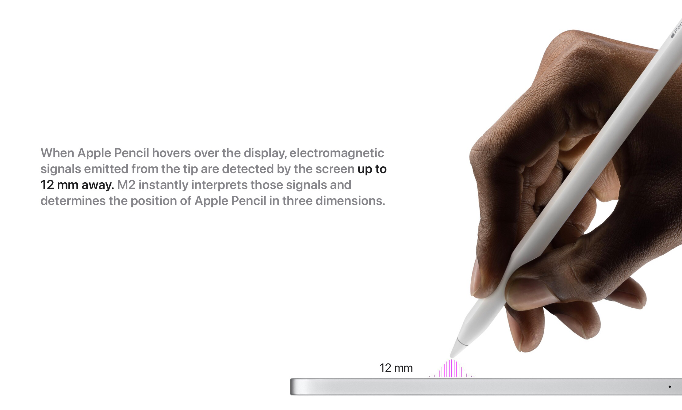 Когда Apple Pencil находится на расстоянии около 12мм от экрана нового iPad Pro, он уже начинает опознавать местность для работы и даже выполняет функции по уточнению или улучшению точности отклика в конкретной области работы карандаша