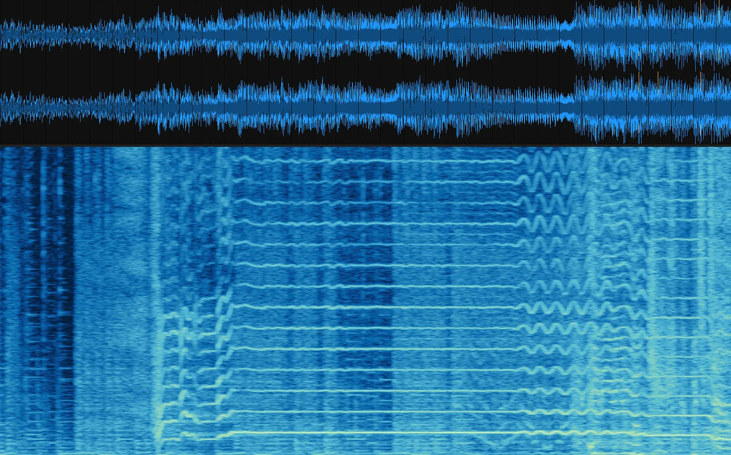 Изображение волнового рисунка (выше) и визуализация частотного спектра (ниже) композиции "Girl in Blue"