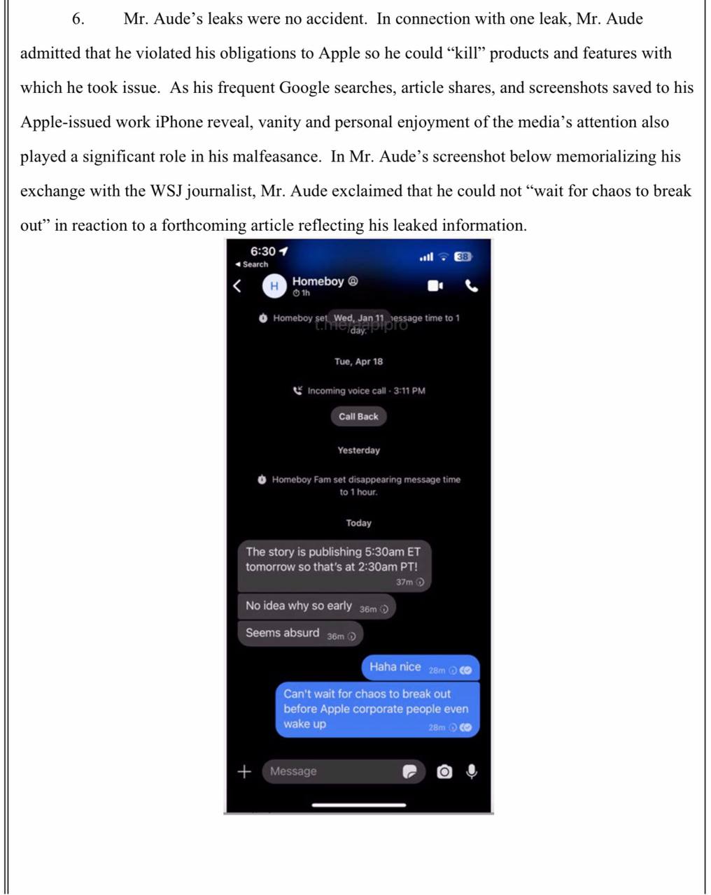 Фрагмент судебного протокола, скриншот переписки инсайдера и сотрудника Apple в Signal