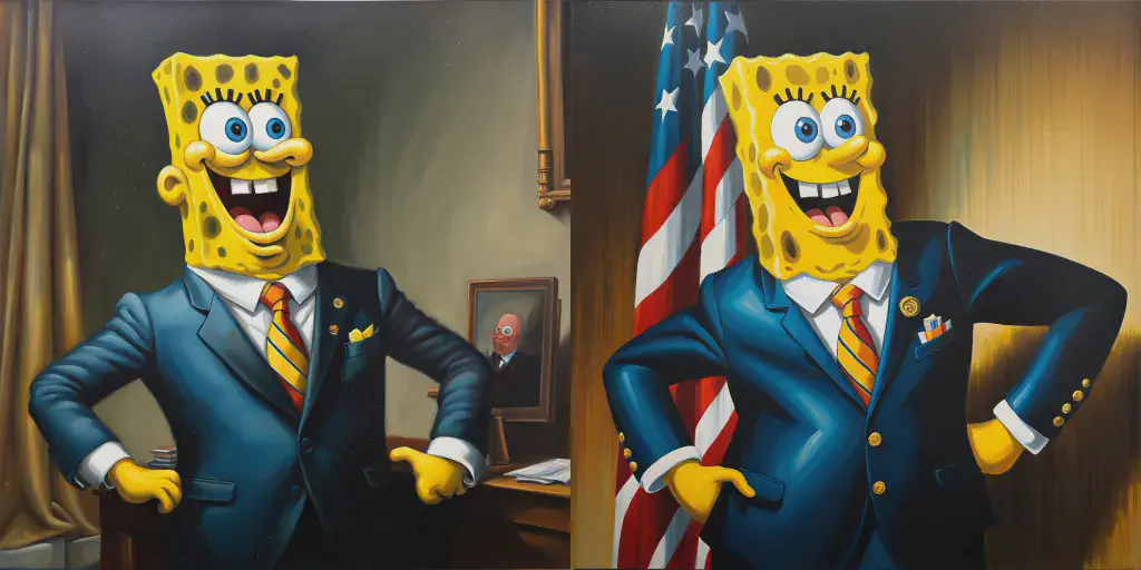 presidential painting of realistic human Spongebob Squarepants wearing a suit, (oil on canvas)+++++— У Губки Боба снова появился нос, а на его костюме стало больше пуговиц.