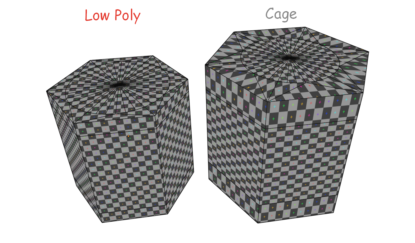 Рис. 16. Low Poly с добавленными для запечки рёбрами — слева. Cage (клетка) — справа. 