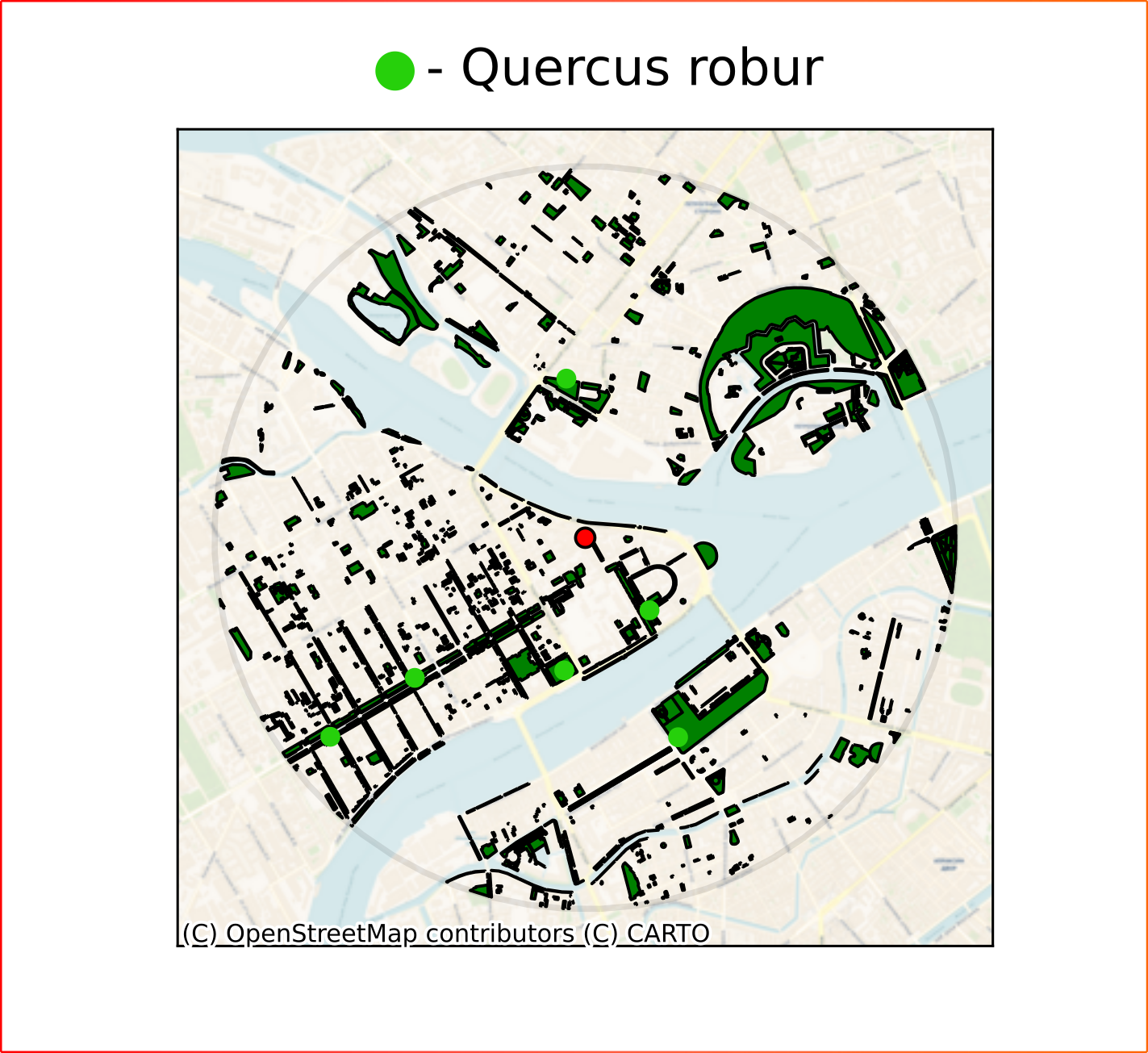 Рисунок 7. Совмещение данных парков OSM и данных GBIF с целью расчета маршрутов до парков, в которых растут дубы