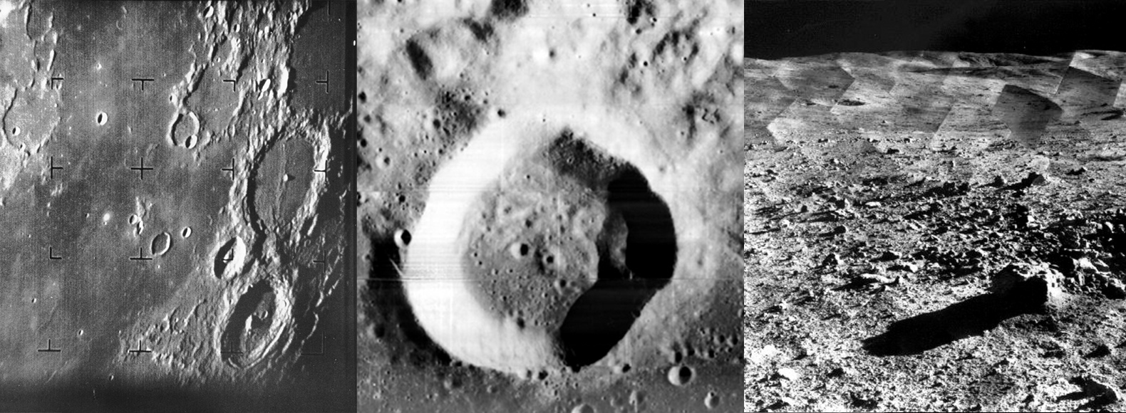 Фото Луны: слева — Рейнджер-7 в 1964 году, в центре — снимок кратера Уэбб аппаратом Луна Орбите-1 в 1966 году, справа — фото мозаика кратера Тихо заснятая Сервейеров-7 в 1968 году
