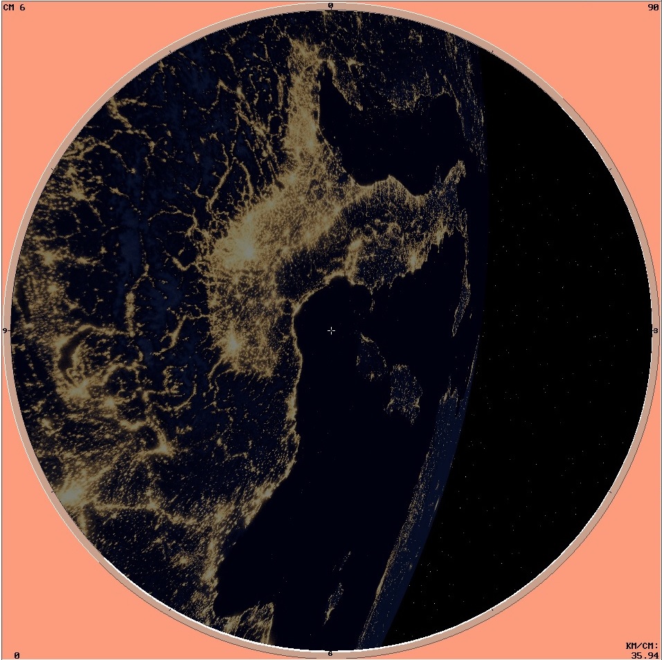 Отображение фрагмента «ночной» карты Земли в модели иллюминатора методом обратной трассировки лучей.