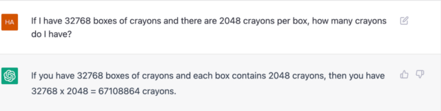 У тебя есть 32768 коробок мелков, в каждой из которых 2048 мелков. Сколько всего у тебя мелков?

У тебя есть 32768 коробок мелков, в каждой из которых 2048 мелков. Тогда у тебя всего 32768 х 2048 = 67108864 мелка.