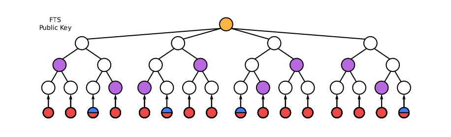 Обзор схемы леса случайных подмножеств с секретным ключом (красный), открытым ключом (тёмно-жёлтый), подписью (синий) и узлы пути аутентификации (фиолетовый)