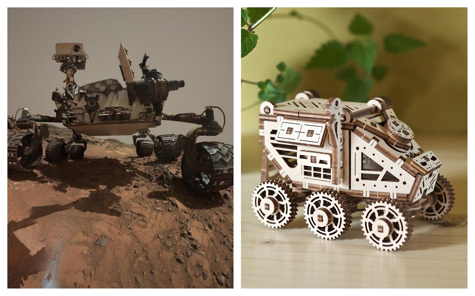 Слева: марсоход Curiosity. Справа: Ugears Марсобагги