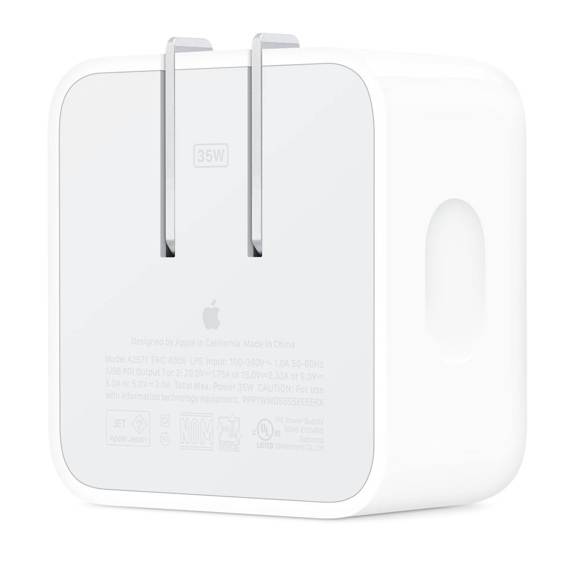 У Apple в продаже уже имеются аж две версии адаптеров на 35W, причем даже с двумя портами, а один из них – компактный, как на фото, только для Американской вилки