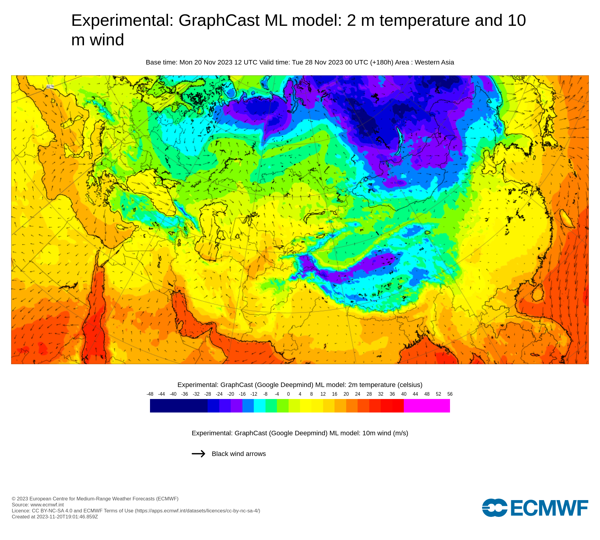 Прогноз приземной температуры на высоте 2-х метров на 180 часов. GraphCast
