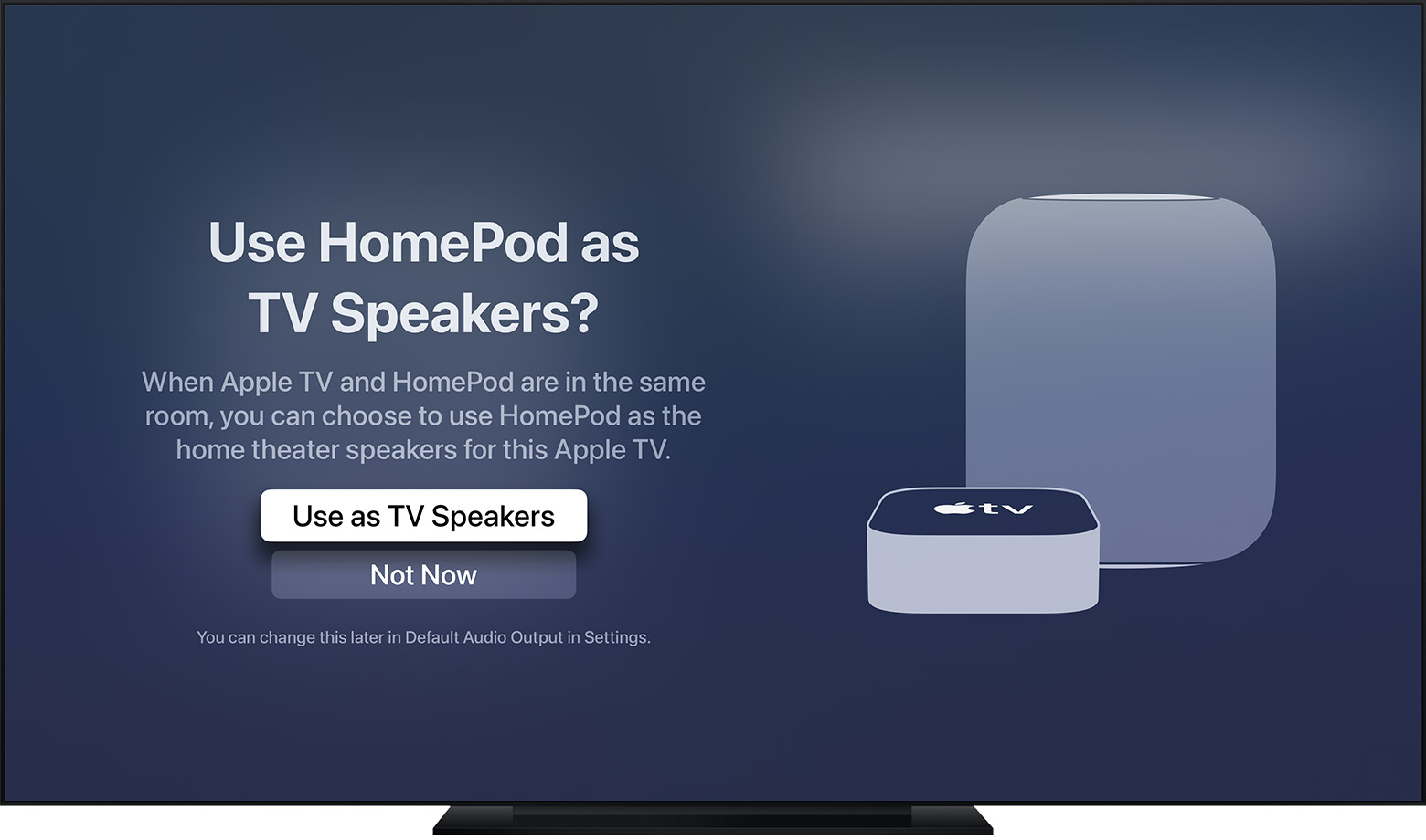 Настройка Enhance Dialog появляется только в том случае, если у вас есть tvOS 17.1 или более поздняя версия на одном или двух HomePod, сопряженных с Apple tv 4K с tvOS 17.1 или более поздней версии. Убедитесь, что динамики HomePod выбраны в качестве аудиовыхода по умолчанию.