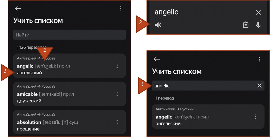 Рисунок 5. Проверка усвоения информации о слове при изучении списками с помощью Яндекс.Переводчика