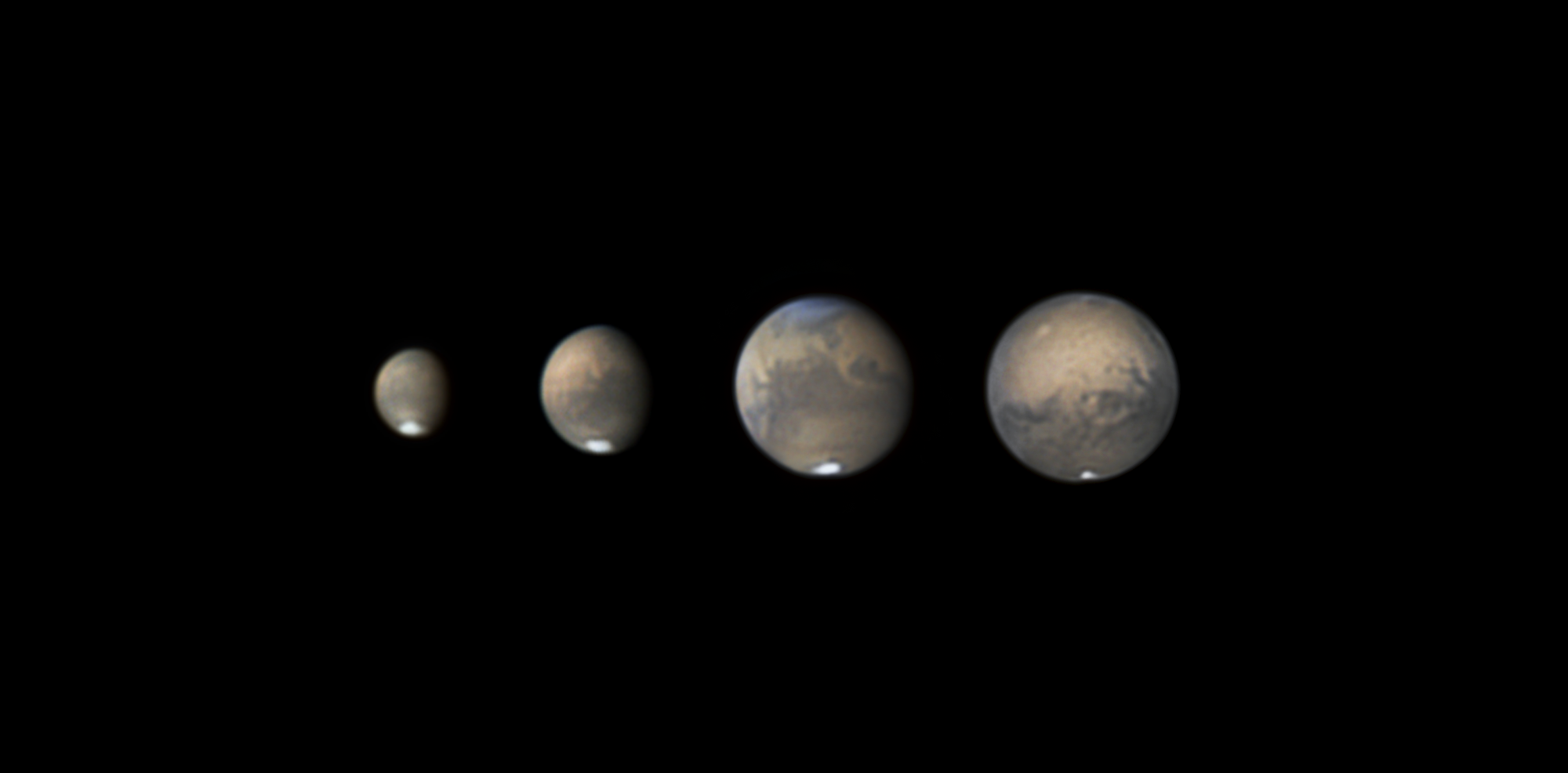 Изменение размеров шапки на южном полюсе Марса, в период противостояния 2020 года, снято с использованием любительских телескопов.