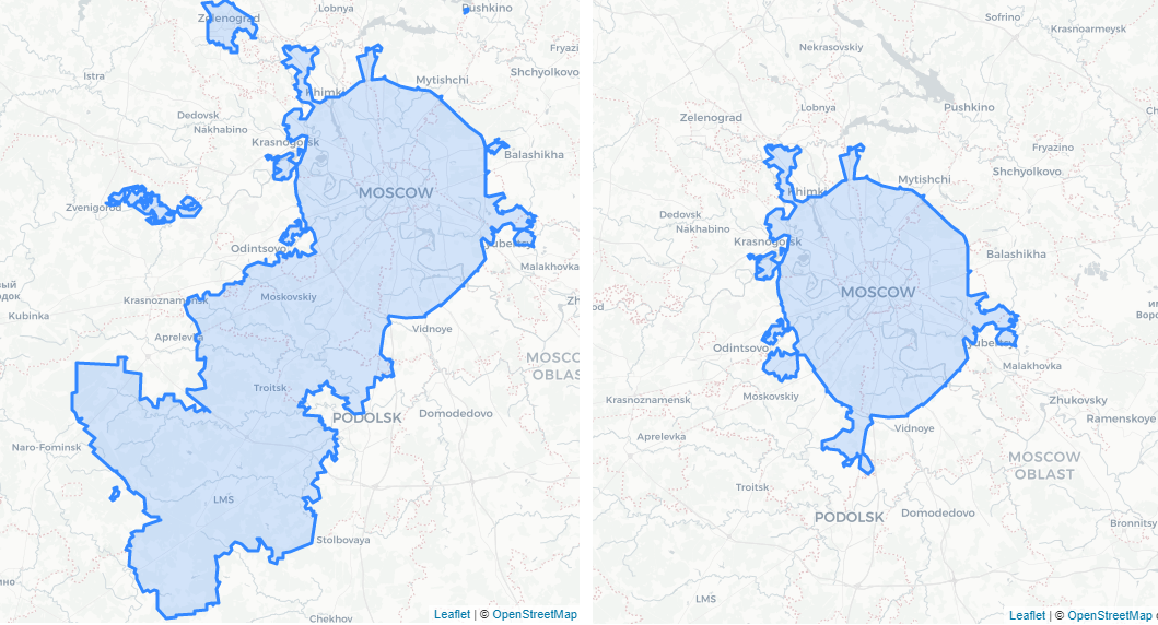 В зависимости от порядкового номера результата поиска можно получить разные полигоны для Москвы. Слева: текущие административные границы города (which_result=2), справа: границы старой Москвы (which_result=1)