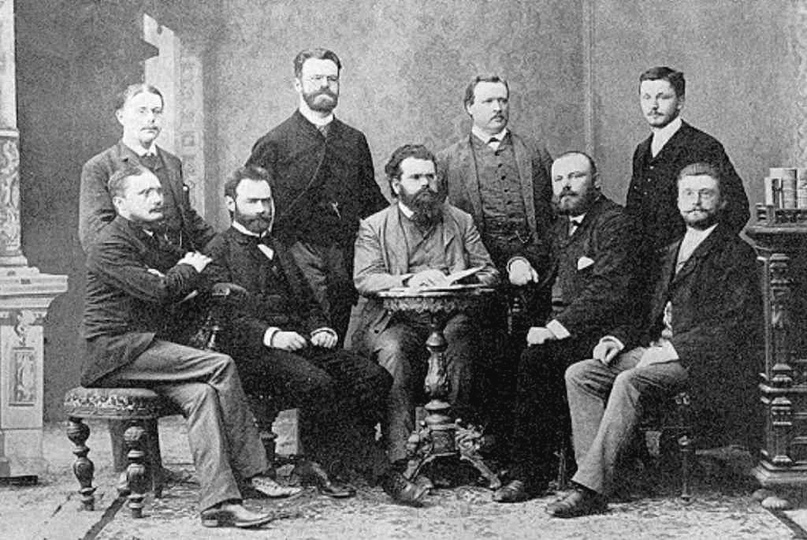 Группа Людвига Больцмана в 1887 году, Аррениус стоит, третий слева. Первым слева стоит Вальтер Нернст