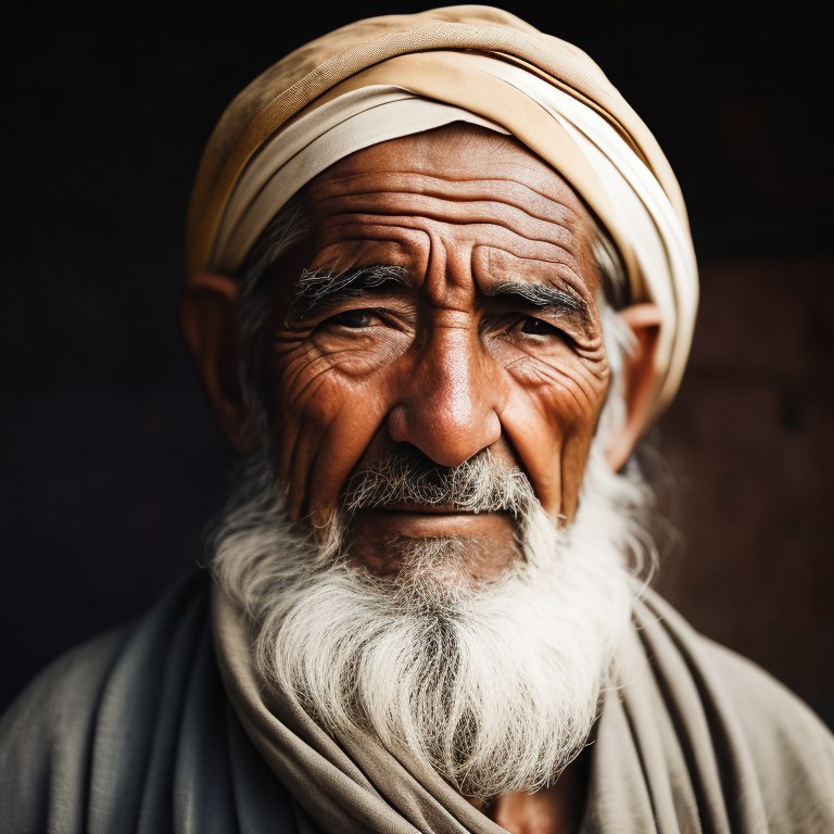 старик с морщинами, загорелое лицо, платок на голове