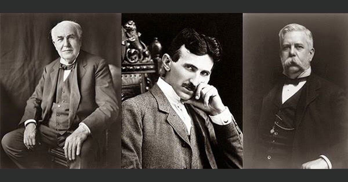 Слева направо, Эдисон, Тесла и колоритный мужчина в усах — Джордж  Вестингауз.