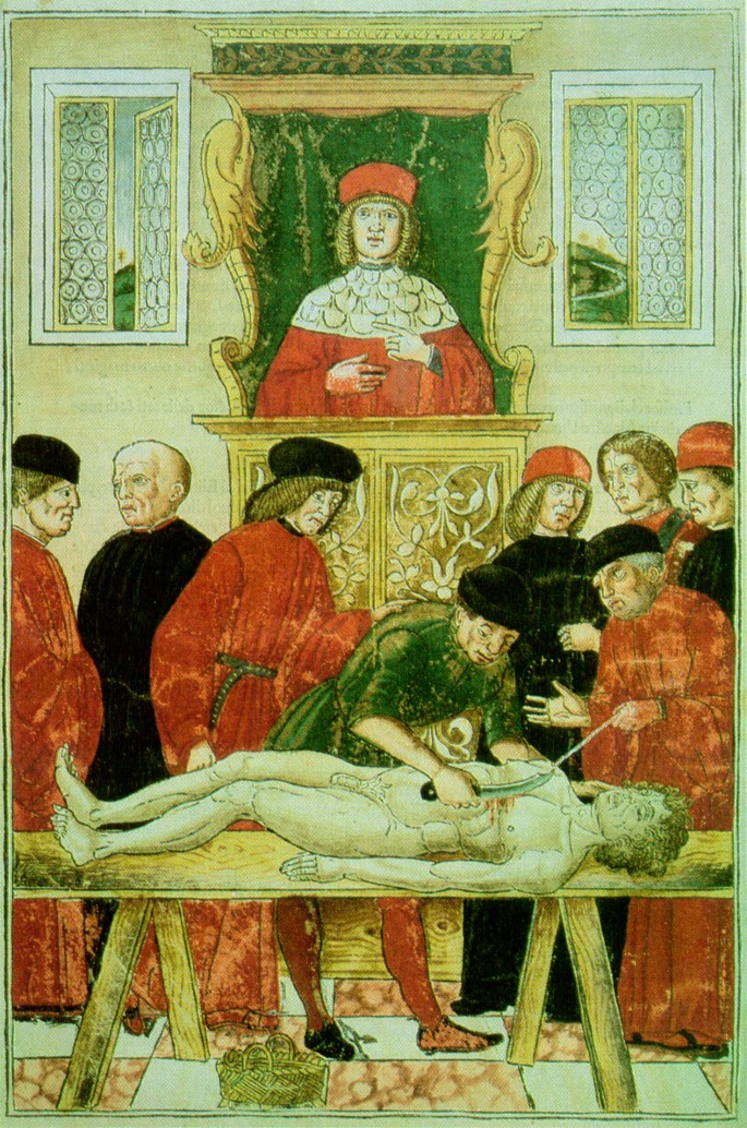 Средневековая миниатюра изображающая вскрытие в средневековом университете.