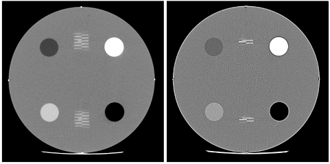 Рис. 8. Изображение центрального слоя фантома CT ACR 464 при правильном позиционировании и при наличии отклонений