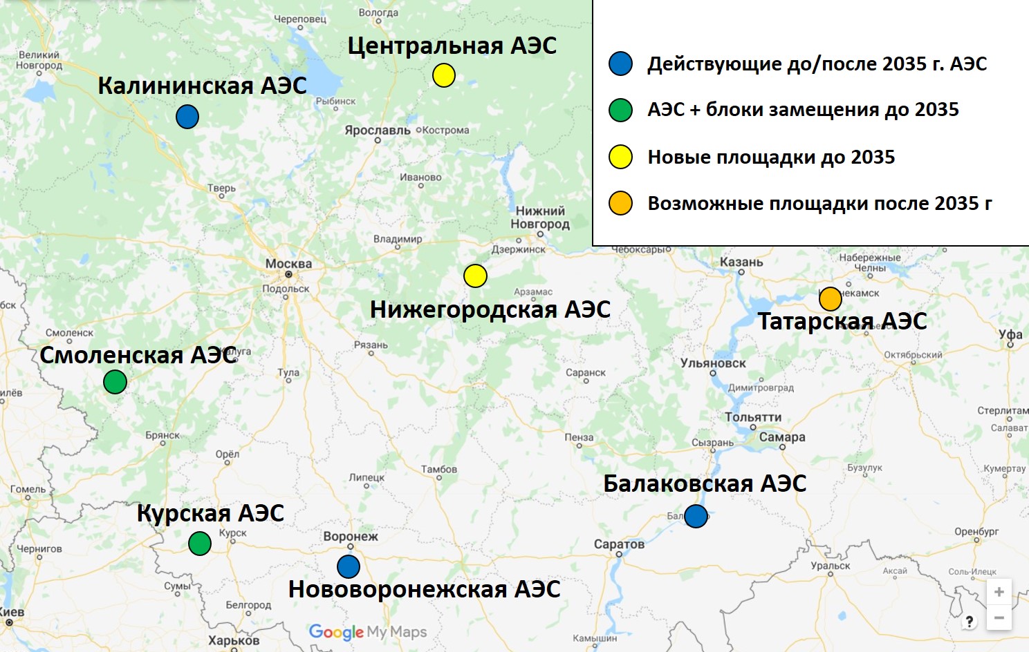 Карта действующих и возможных АЭС в центральной России. Инфографика Дмитрия Горчакова