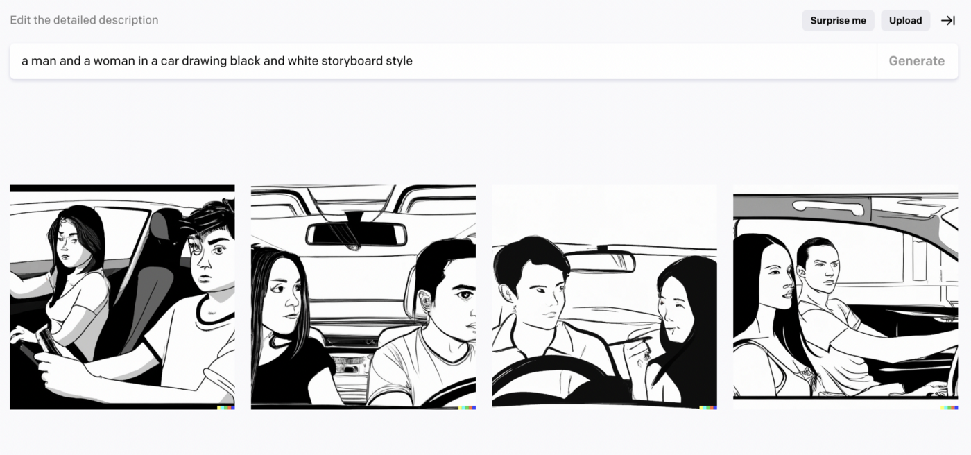 Описание: мужчина и женщина едут в машине, черно-белая раскадровка