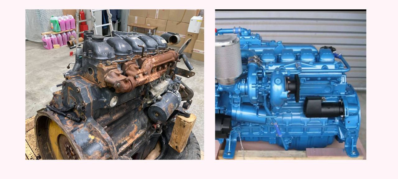 Слева б/у двигатель, а справа двигатель после обработки. На фото разные модели. 
