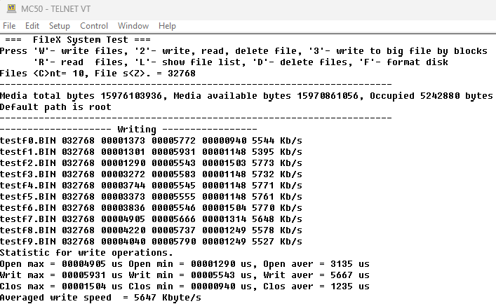 Скриншот тестирования скорости записи файловой системы
