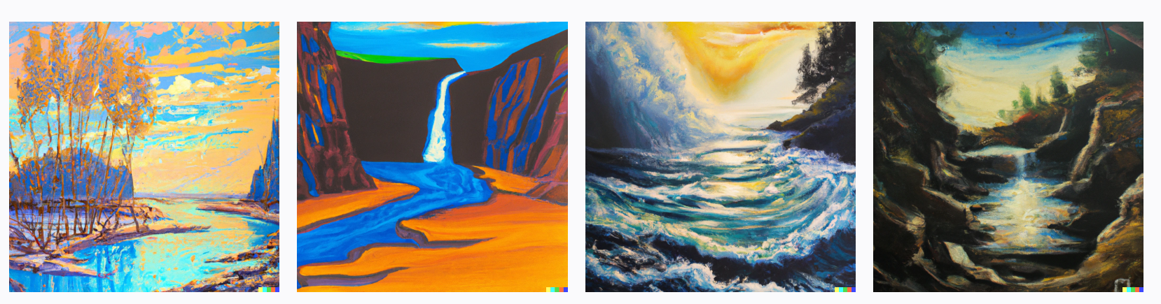 Mix Salvador Dali, Monet, Manet, Polenov, Korovin, Miro, Malevich and make a canvas acryl sunset with the sea, rocks, sand dunes, forest, waterfall and river, digital art